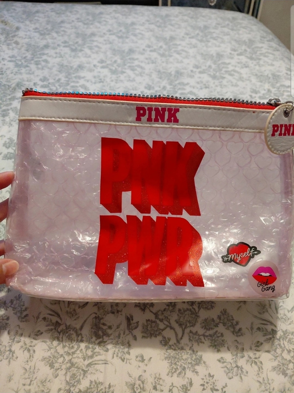 PINK Victoria's Secret Clear Cosmetic Pouch with Red 'PINK PWR' Lettering